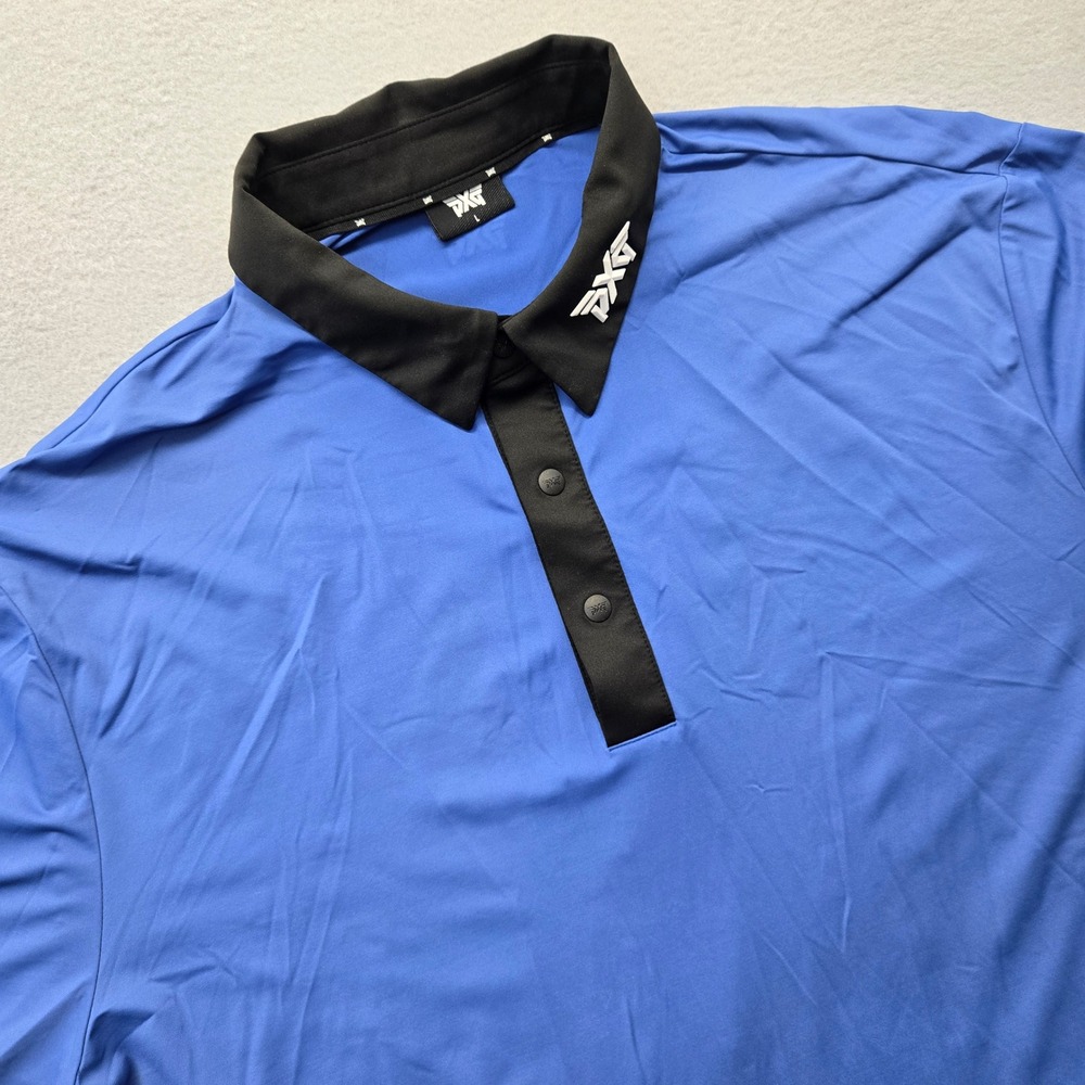 PXG Mens Comfort Fit Short Sleeve Polo Shirt Blue Black Logo Golf Large L
